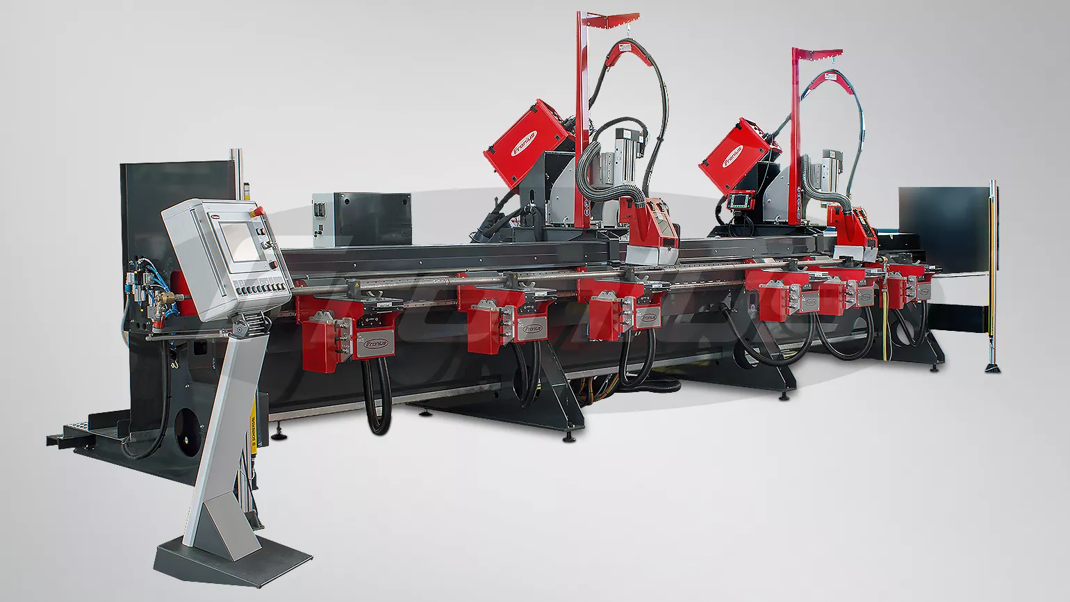 Rendering of a Fronius build-up welding system with HMI-T10 system control for mechanized CMT external cladding of heat exchanger tubes