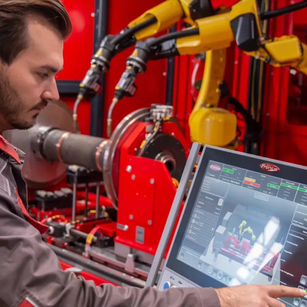 Mann steuert ein Fronius Roboterschweißsystem